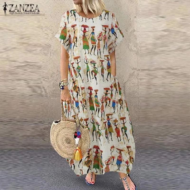 2021 Women Casual Cartoon Print Dress Summer Bohemian Sundress ZANZEA Fashion Short Sleeve Cotton Maxi Vestido Female Tunic Robe X0521