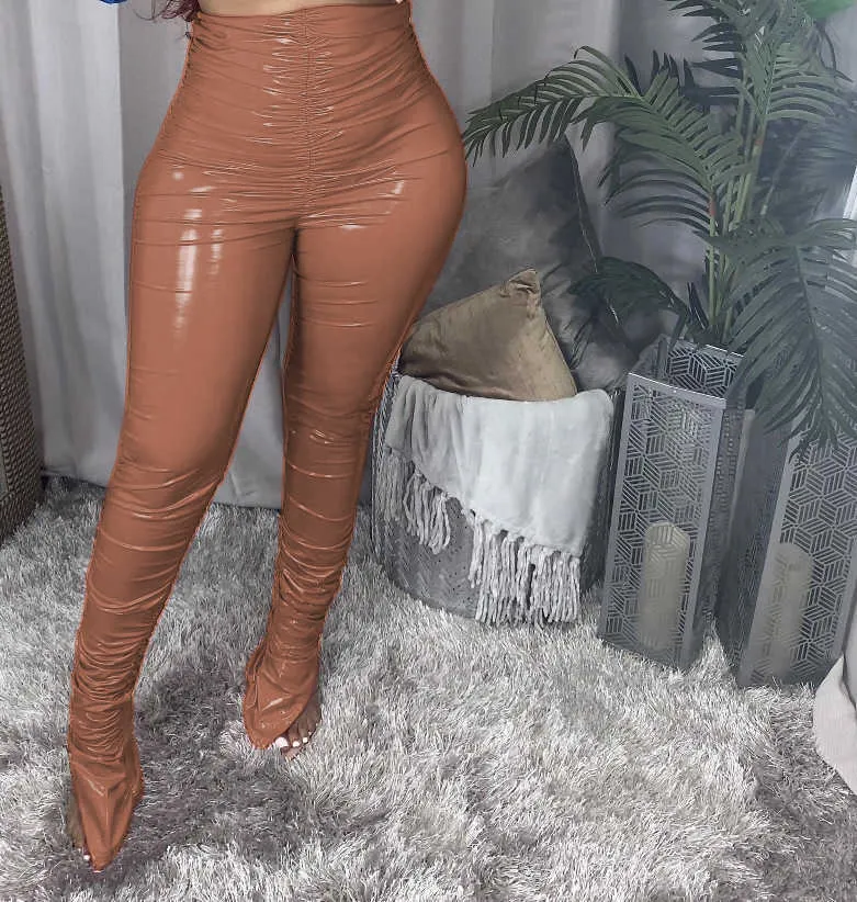 Echoine Thick Fleece Warm PU Leather Pants Pleated Ruched Pleated stacked pants Flare Split Club Trousers Legging Partywear New X0629