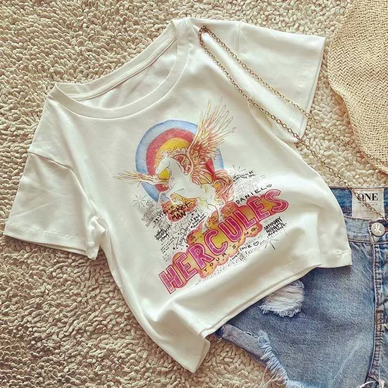 Boho Inspiré T-shirt graphique blanc Femmes Casual Coton T-shirt à manches courtes Femme Mode Femme T-shirt Rainbow Print Girl Tops 210722