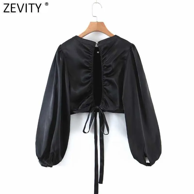 Zevity Donne Fashion O Neck Solid Black Breve Smock Blusa Femme Sexy Backless Kimono Shirt Chic Lace Up Blusas Tops LS7669 210603