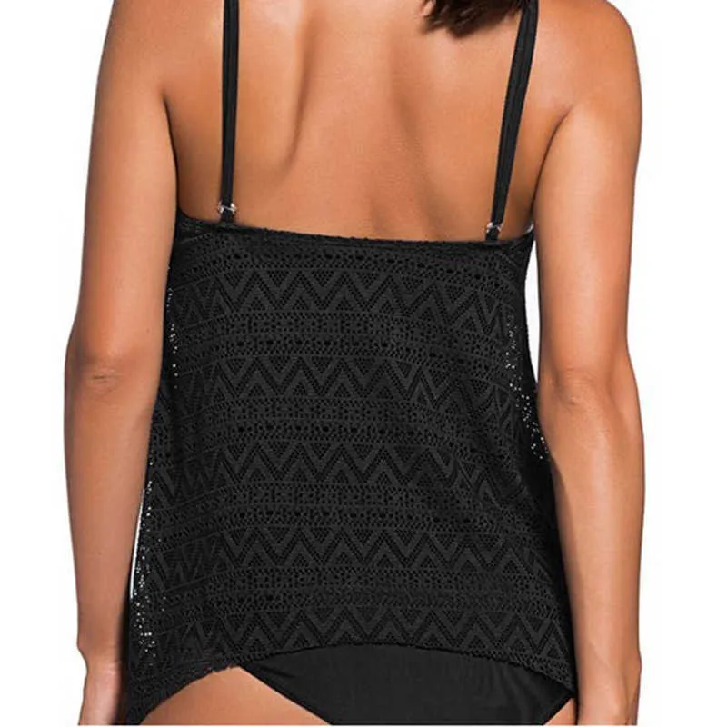 Traje de baño de talla grande Mujer Tankini negro Control de barriga Camiseta sin mangas Retro Traje de baño sólido con pantalones cortos Traje de baño de dos piezas 210630