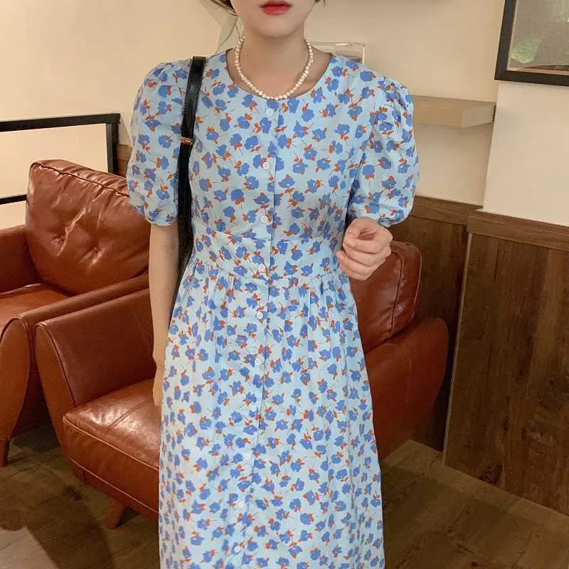 Blue Retro Florals Printed Sweet Lady Short Sleeves Summer Slim Long Dresses Femme Streetwear Vestidos 210525