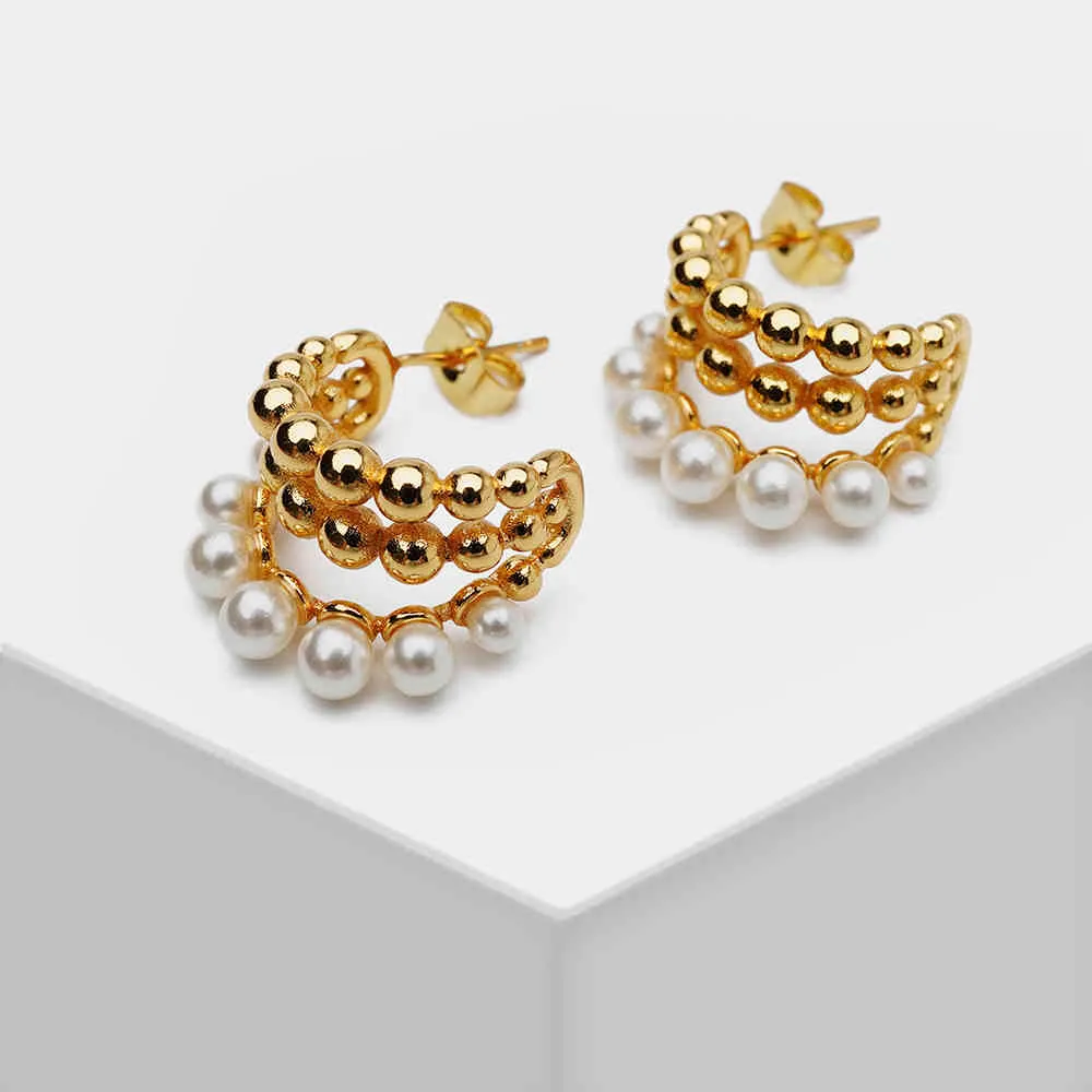 H9 Amorita Boutique Trendy Orecchini a cerchio con perle carine a tre strati Donna Ragazza Orecchini in oro regalo 2021