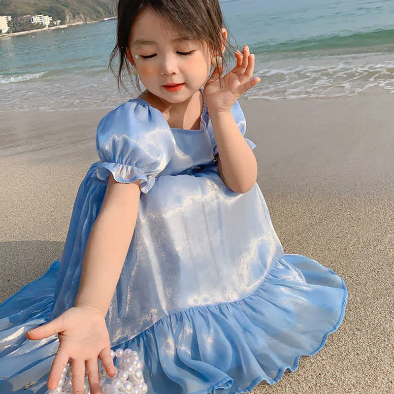 Zomer meisjes jurk Koreaanse massief kleur vierkante kraag garen bladerdeeg mouw zoete partij prinses baby kinderen kinderkleding 210625