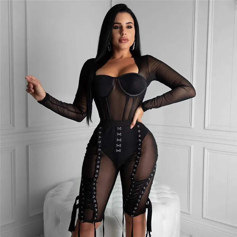 Geschnürt Mesh Shorts Frauen Sexy Sommer Dünne Straße Tragen Punk Hohe Taille Biker Kreuzmuster Ösen Spitze-up Capri Q0131