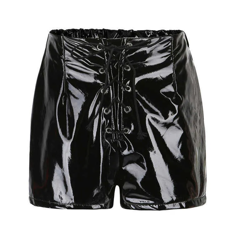 Ahagaga faux pu läder shorts kvinnor byxor spets upp röd svart hög midja kvinnlig sexig bandage mini Buttoms 210719