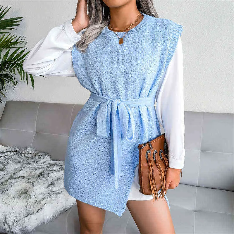 2022 Escritório de Primavera Casual Comute Simples Tie-Up Cinto Mini Vestido Moda Elegante Sólido O Neck Tanque Tanque Slit Festa Vestido Y1204