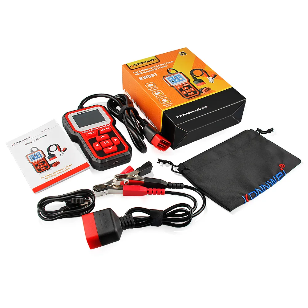 Konnwei KW681 6V 12V Car Potorcycle Battery Battery Tester Auto Diagnostic Tool 2 In1 2000 CCA Car OBD2 Scanner Full OBD 2 وظيفة