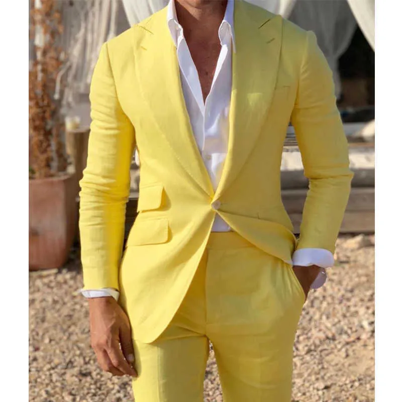 Żółta Pościel Plaża Mężczyźni Garnitury Lato 2021 2 Sztuka Slim Fit Męska Moda Blazer Z Spodnie Eleganckie Smokingi Ślubne Dla Groom Nowy X0909