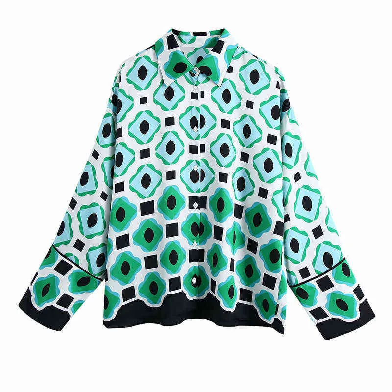 PUWD Casual mujer verde estampado blusa traje primavera elegante mujer Streetwear pantalón conjuntos a juego señoras Vinatge geometría trajes 211105