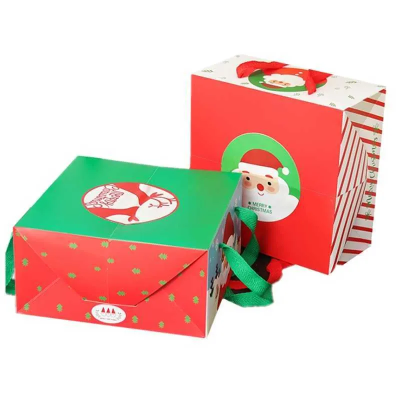 Stobag 21.5x21.5x10.7cm Biscuits de Noël Candy Snack Pacaging Papier Poignée Boîte Party Cadeau Fournitures Faveur avec autocollants 210602