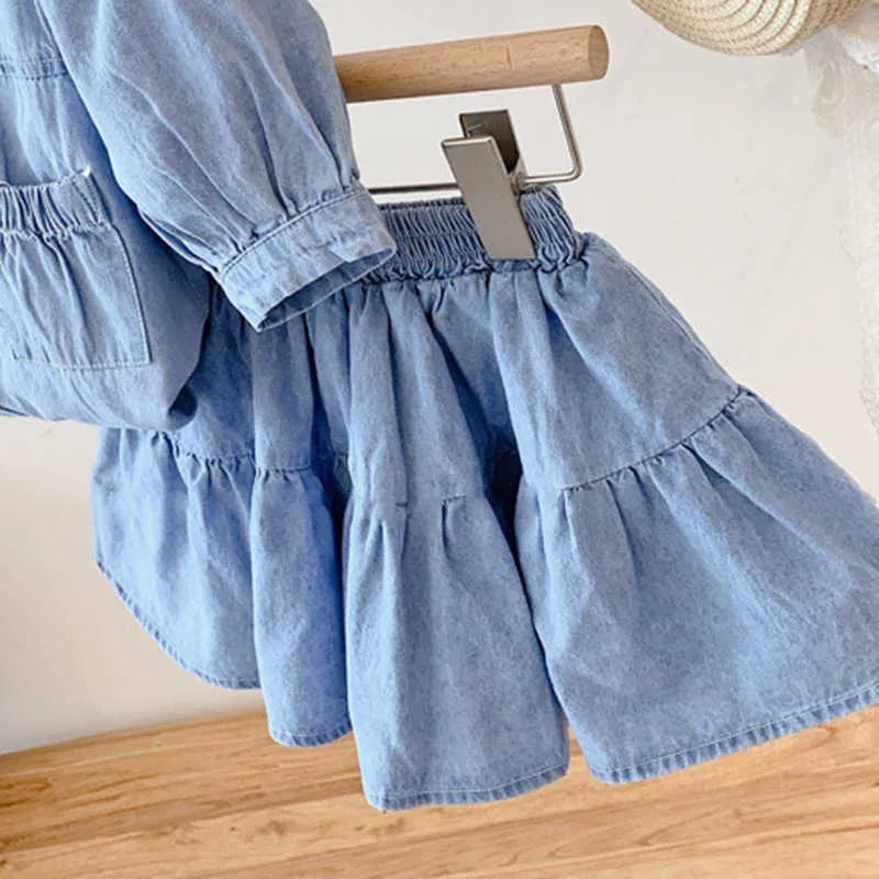 Girls Clothes Set Fashion Summer Puff- Sleeve Top +Denim Skirt Sweet Toddler Kids 210611