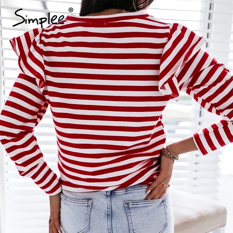 Simplee casual manga larga rojo blanco rayas Tops para mujer Otoño Invierno Ruffled Base camisa Streetwear cuello redondo mujeres Tops 210306