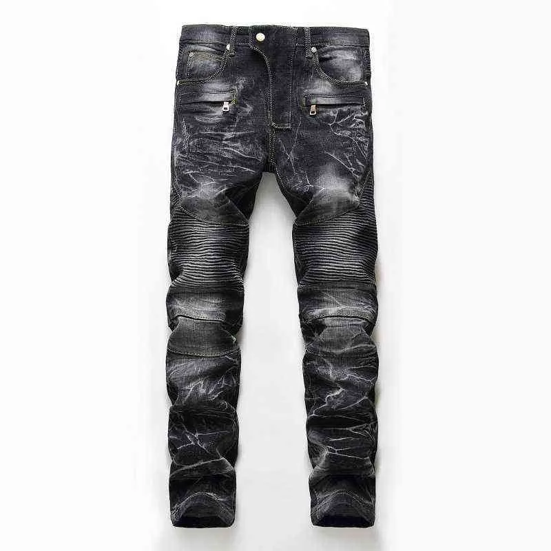 Brand Mens Snow Designer Fashion Slim Skinny Moto Biker Casual Jeans Straight Motorcycle Jeans Men Destroyed Denim Trousers 211120