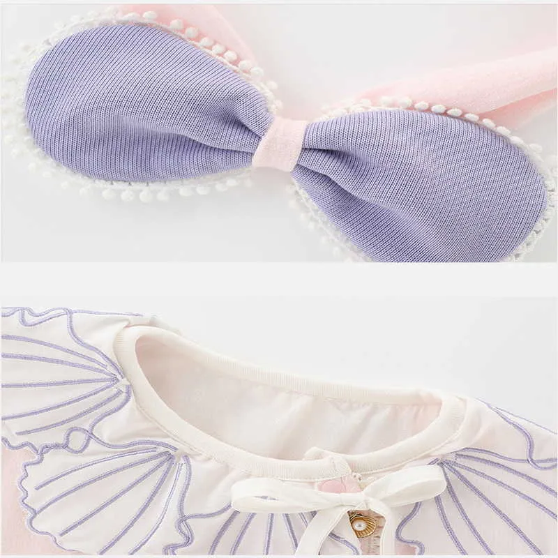 Spring Baby Girls 2-PCs Ställer långa Puff Sleeves Shell Shirts Top + Bow Shorts With Headwear Barnkläder E9120 210610