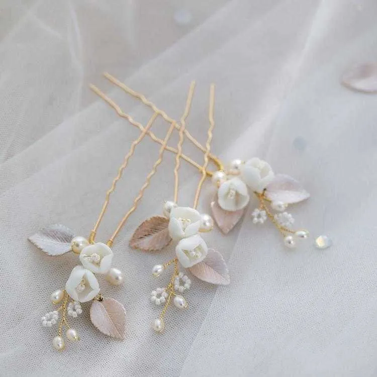 Wedding Accessories Freshwater Pearl Porcelain Hair Combs Pins Flower Leaf Headpieces Gold Color Hairpins Bride Bridal Jewelry X0625