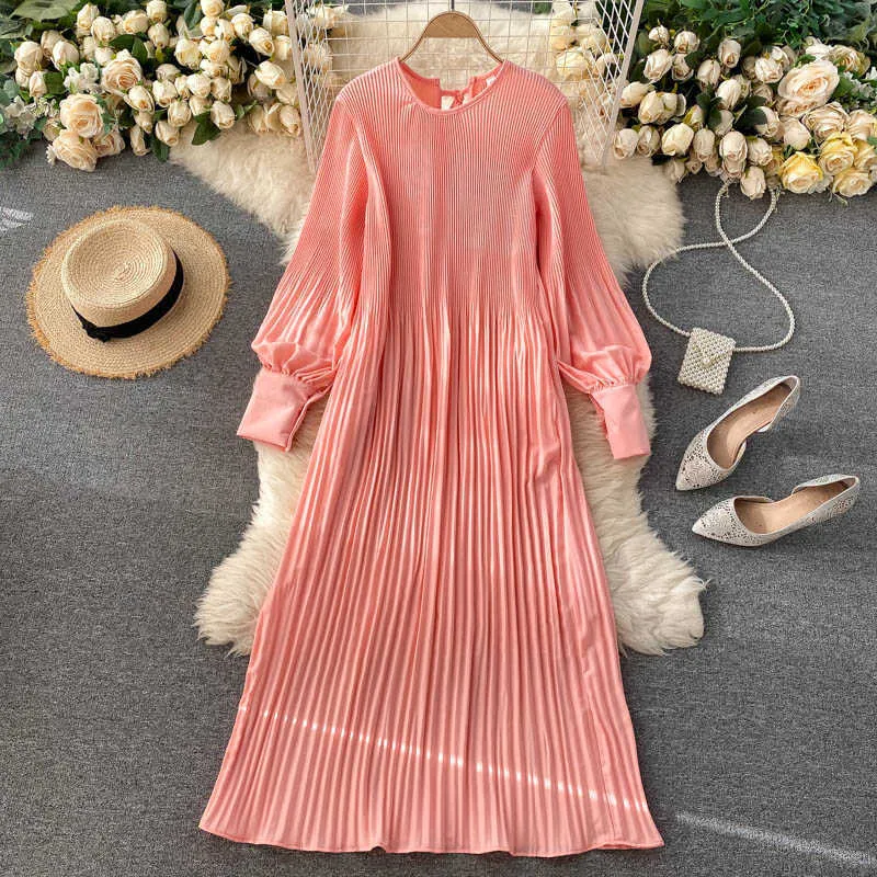Vintage Pleated Chiffon Long Dress Women Casual Solid Pink/Green/Red O-Neck Draped Slim Vacation Vestidos Autumn Robe 2020 New Y0603