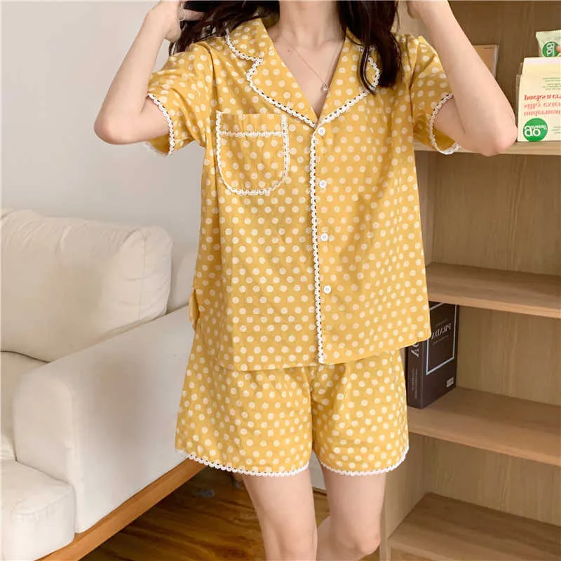 Maniche corte larghe Femme Polka Dots Home Chic Summer Soft Sleepwear Girls Set Pigiama di cotone Abiti a due pezzi 210525