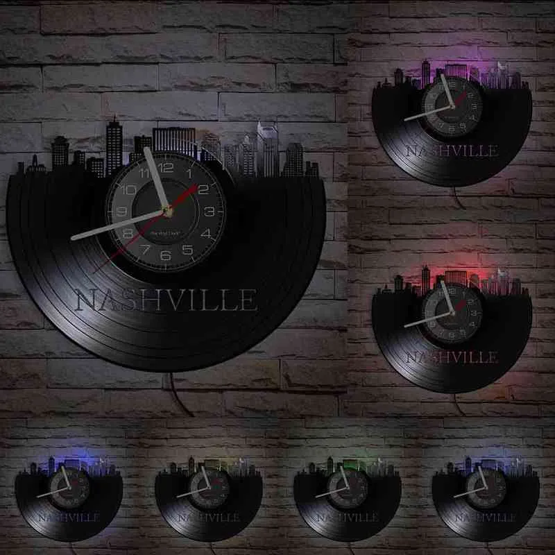 Nashville Skyline Carved Vinyl Record Shadow Art Orologio da parete Office Decor Tennessee Cityscape Vinyl Disk Artigianato Retro Timepieces H1230