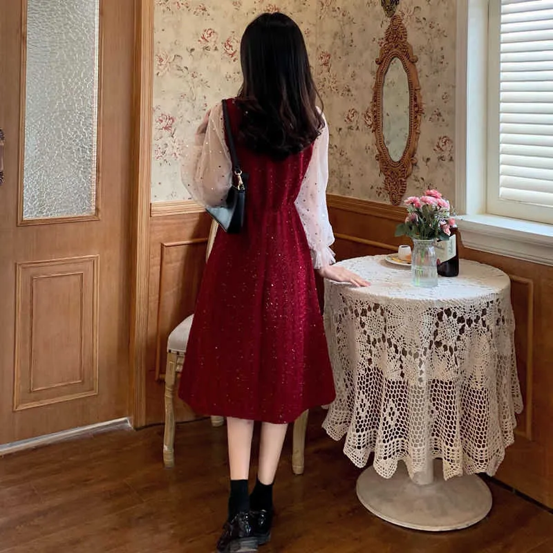 Franse vintage sequin jurk rode pop kraag vrouwen lange mouwen fee Koreaanse dames lente kleding 210604