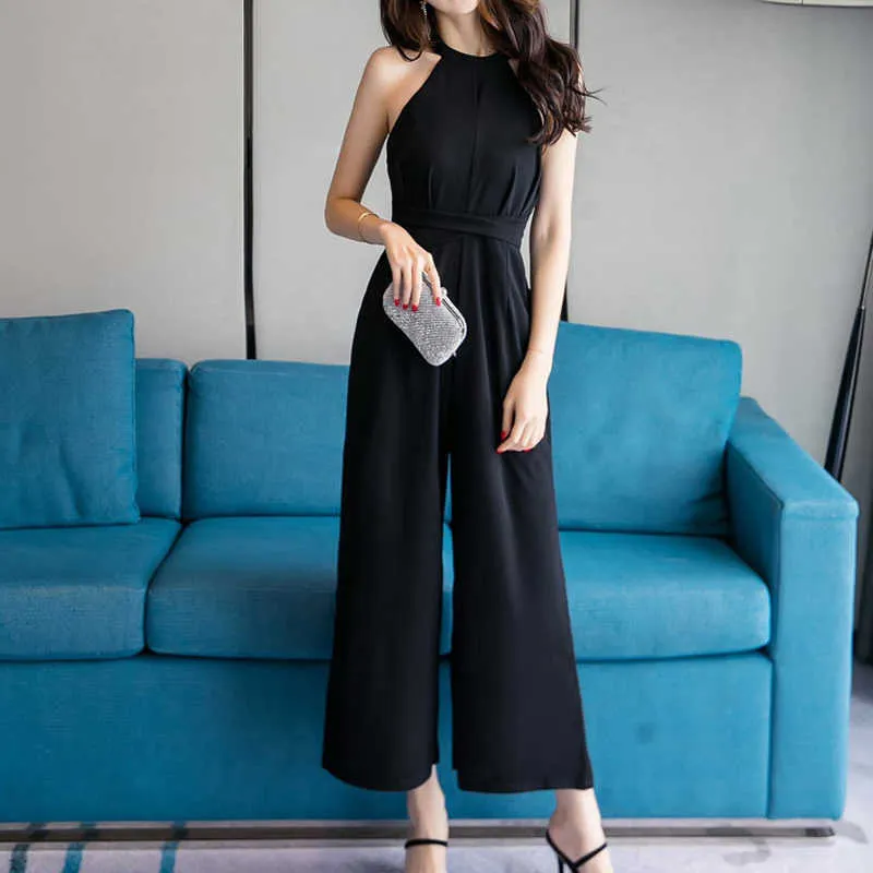 Talvez u chiffon preto vermelho mangas halter zíper bolso sólido longo comprimento total jumpsuit largo perna larga mulheres verão j0027 210529