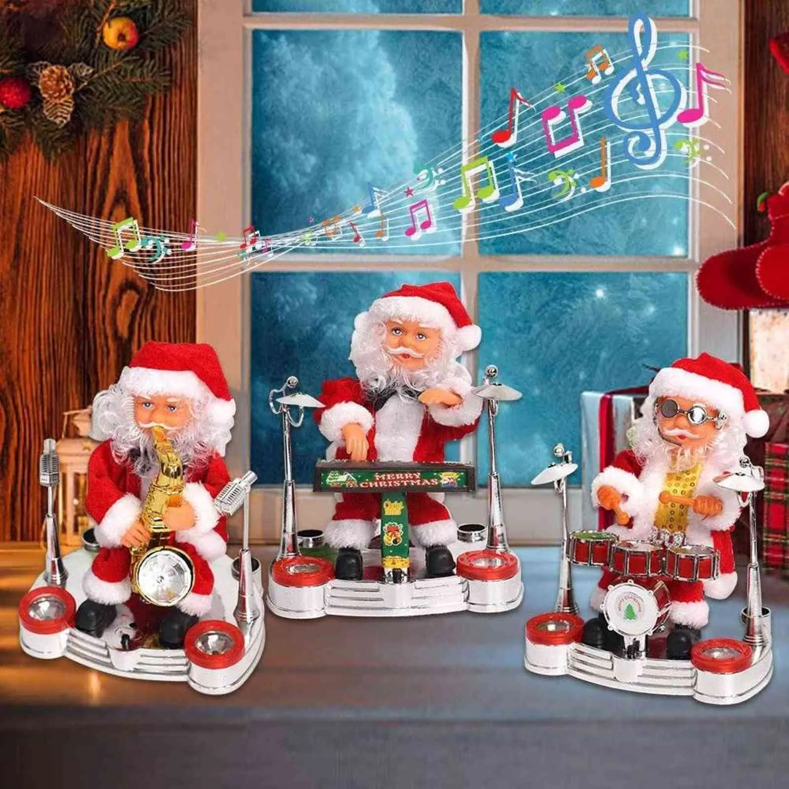 Taniec śpiewający Święty Mikołaj grający bęben świąteczny lalka muzyczna poruczna figura akumulowana dekoracja G0911286L