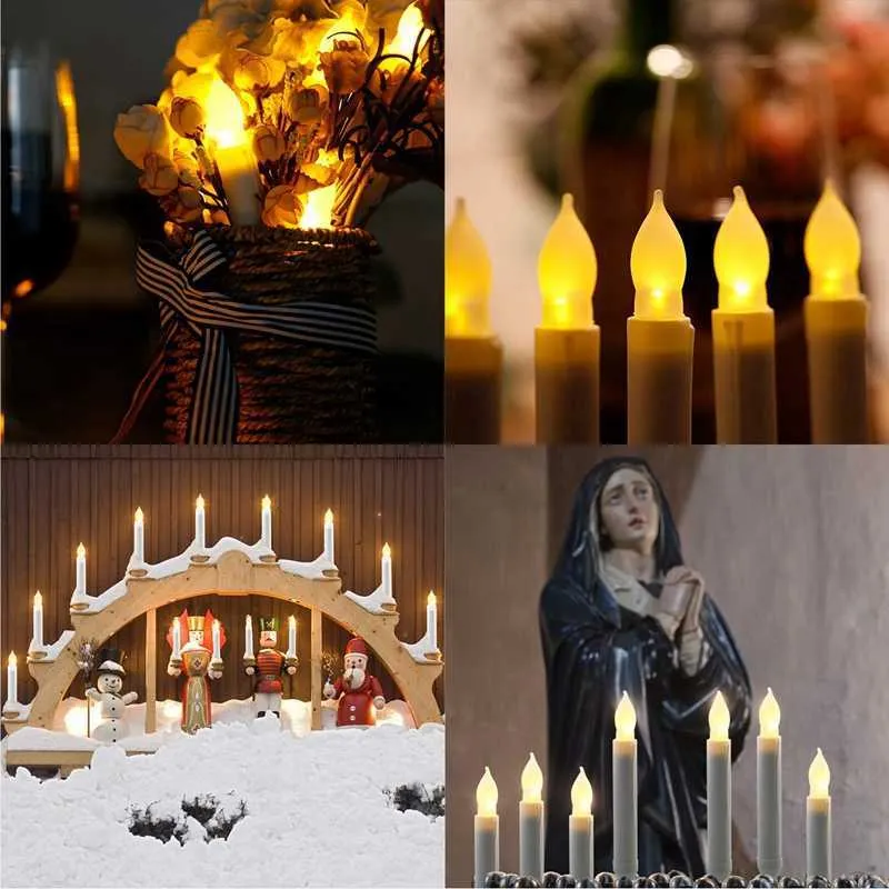 Velas cônicas sem chama com led, 12 peças, operadas por bateria, velas cônicas falsas, luzes cintilantes de janela h09091879670