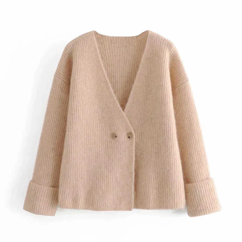 Za mulheres cor sólida lã camisola botão de malha cardigan suéter magro ajuste em v-pescoço manga comprida senhoras moda outono 210602