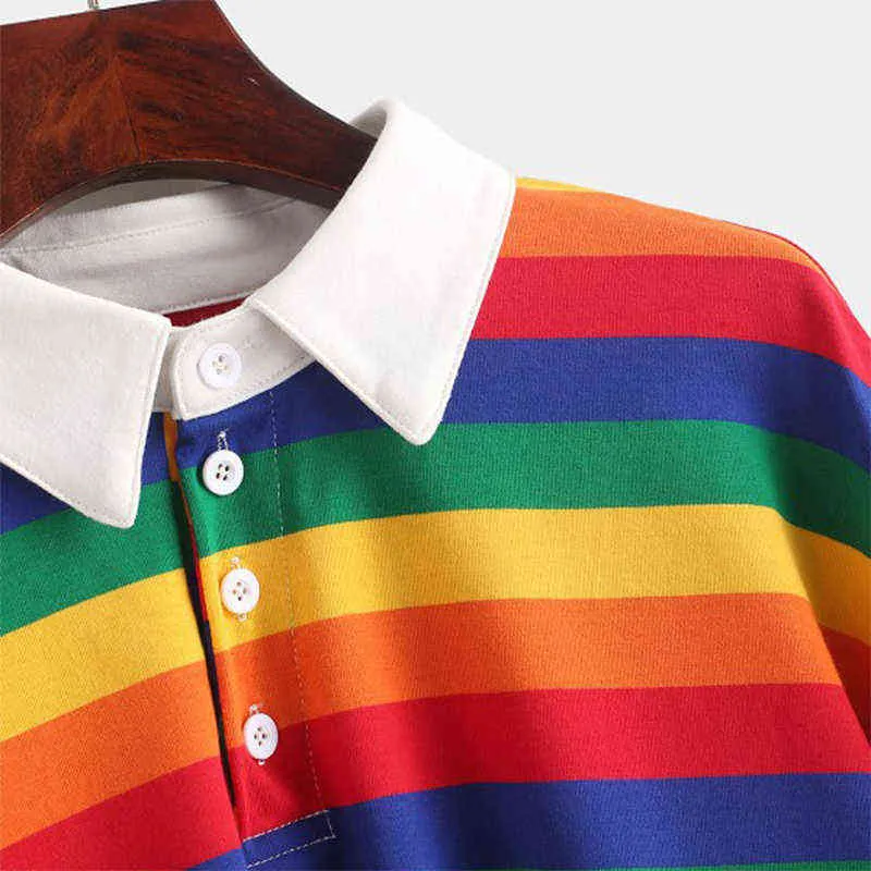 QRWR Polo Shirt Women Sweatshirt Long Sleeve Rainbow Color Ladies Hoodies With Button Striped Korean Style Sweatshirt Women 211109