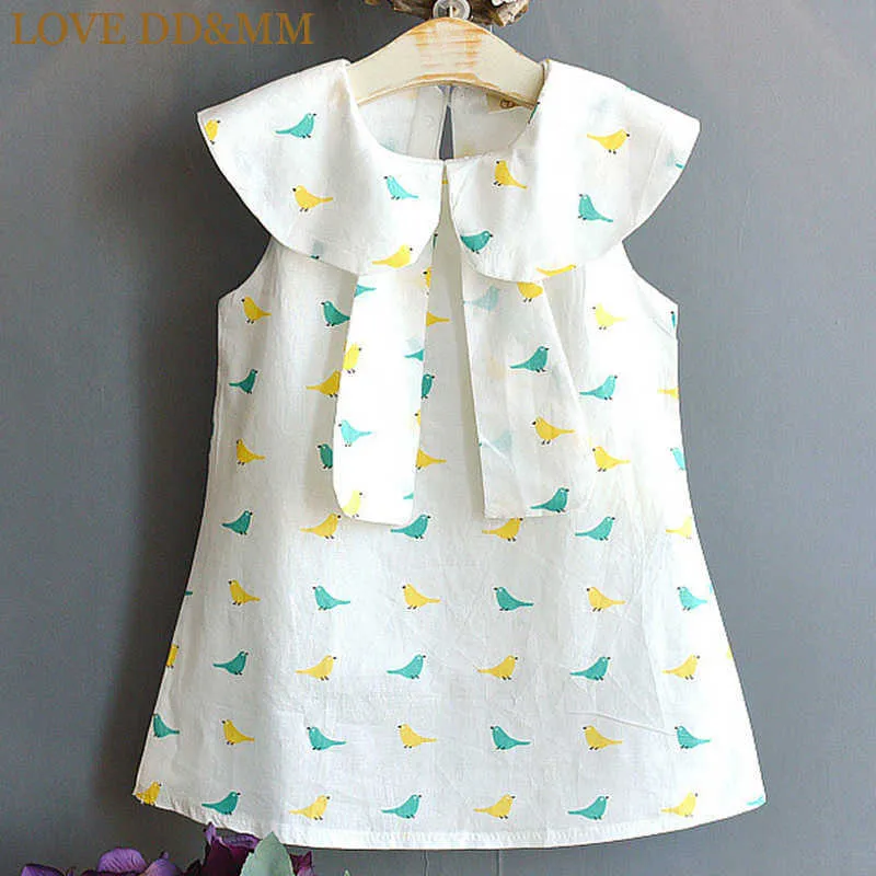 Miłość Ddmm Dziewczyny Sukienki Letnie Odzież dziecięca Dziewczyny Cute Cartoon Ptak Drukowanie Duży Lapel Koronki Słowo Dress 210715