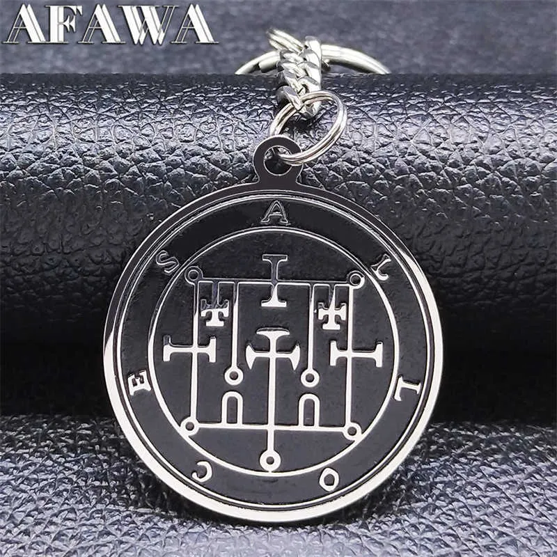 Edelstahl Schwarz Siegel Schlüsselanhänger Männer Goetia Siegel von ALLOCES Dämon Satan Siegel Satanic Patch Pin Hosen Kette Schmuck K3681S0 G1019