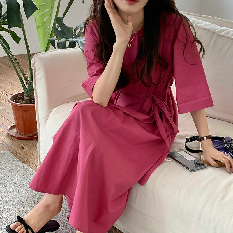 Korejpaa Frauen Kleid Sommer Koreanische Chic Damen Sanfte Rose Rot Rundhals Lose Krawatte Taille Kurzarm Große Schaukel Vestido 210526