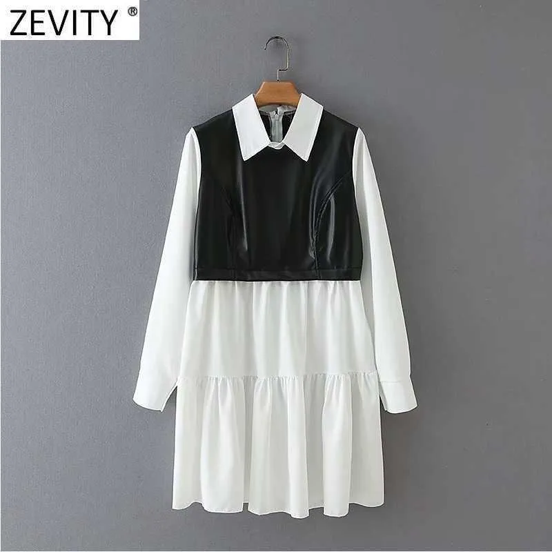 Zevity Mujeres Vintage Turn Down Collar Faux Cuero Patchwork Pliegues Vestido Femenino Manga larga Volver Cremallera Volantes Vestido DS4987 210603