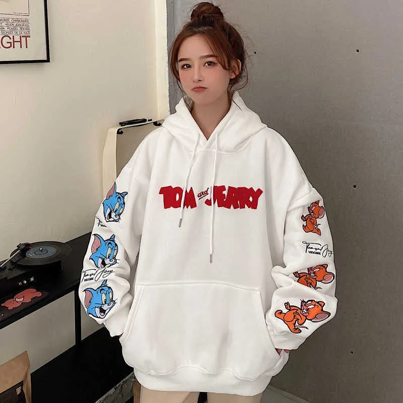 Kawaii sweat à capuche surdimensionné pour femmes Harajuku 2021 hauts nouveau décontracté Streetwear lettre dessin animé impression sweat Tom Jerry Q09011783629