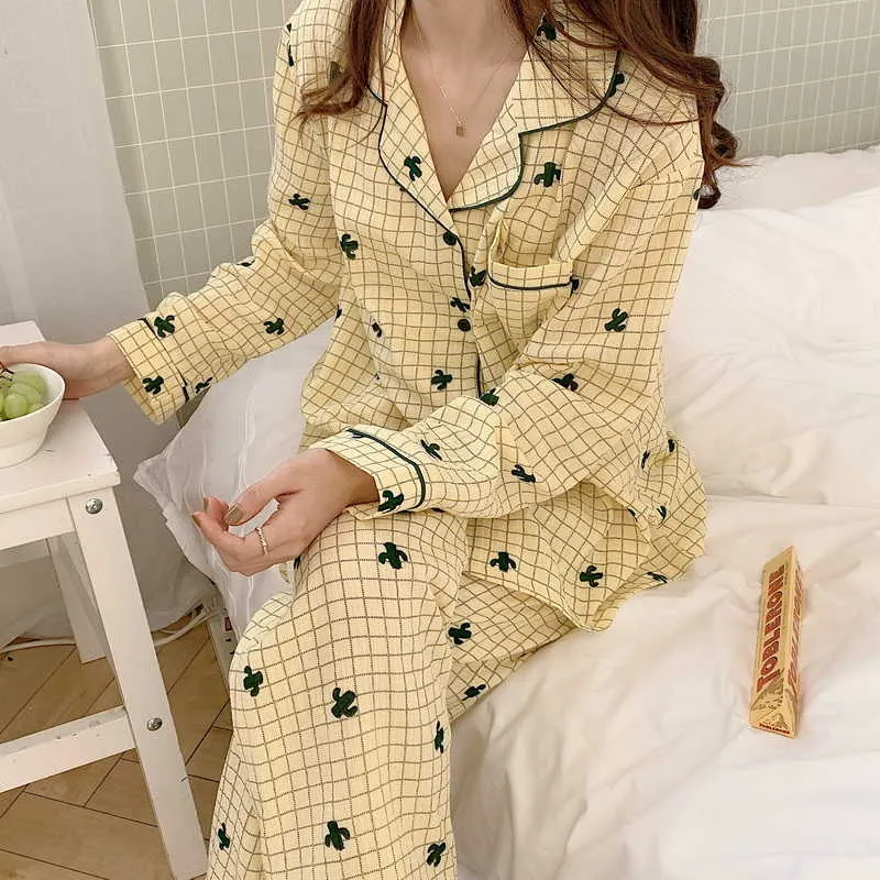 여성 빈티지 격자 무늬 패션 봄 부드러운 캐주얼 고품질 한국어 루시 느슨한 잠옷 잠옷 세트 210525