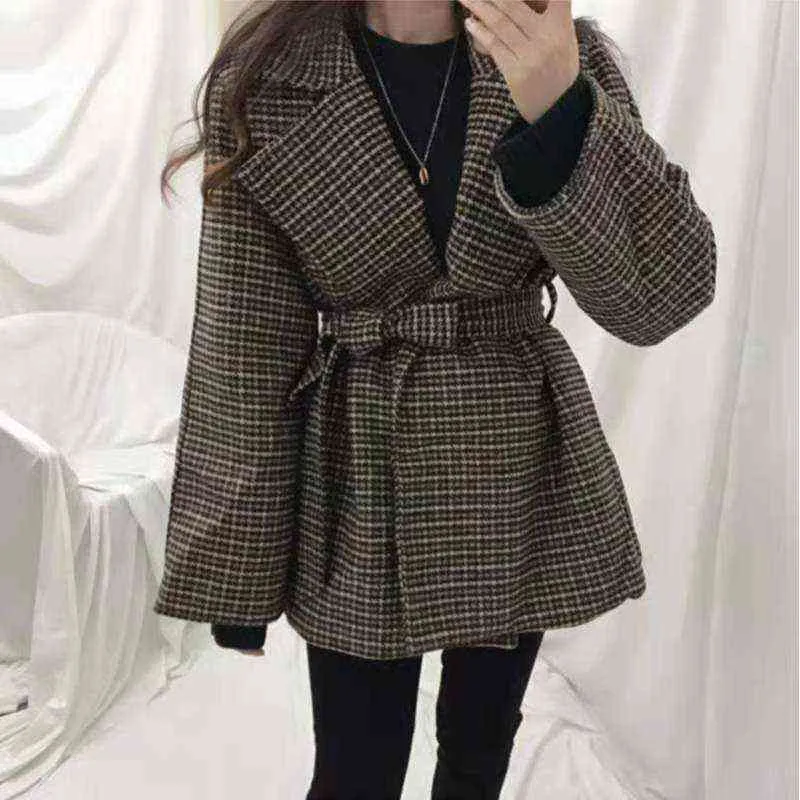 Cappotto da donna in misto lana scozzese Nic Colletto rovesciato Cappotti lunghi in lana Giacca vintage coreana Cappotto caldo outwear sottile con cintura 211130