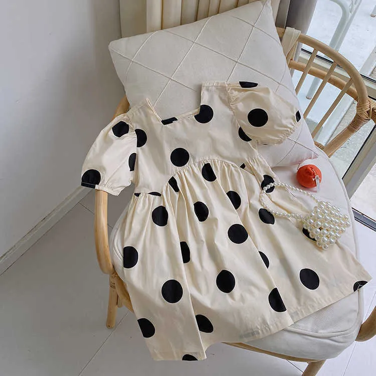 Korean style girls fashion dot square collar long dress cotton kids princess dresses 1-7Y 210708