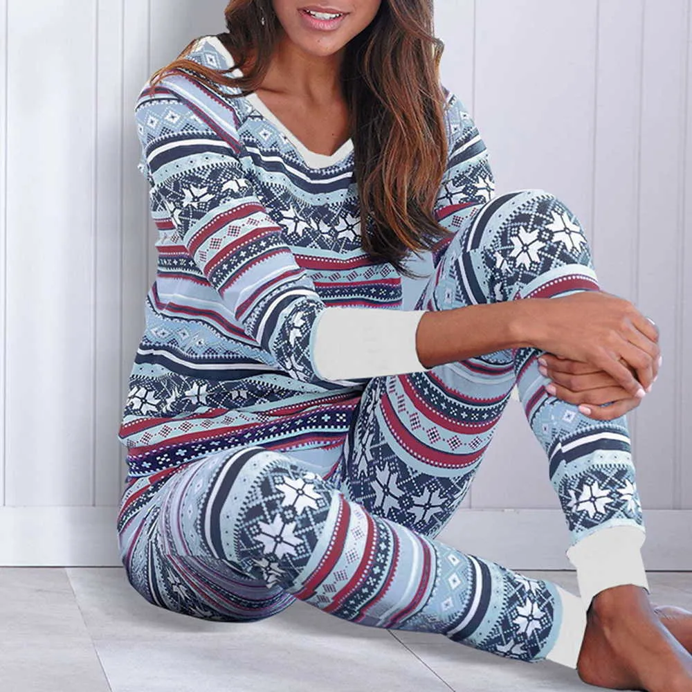 Christmas Women Pajamas Set Long Sleeve Top And Long Pants Casual Sleepwear Xmas Print Pyjamas Women Clothes Winter Homewear 210622
