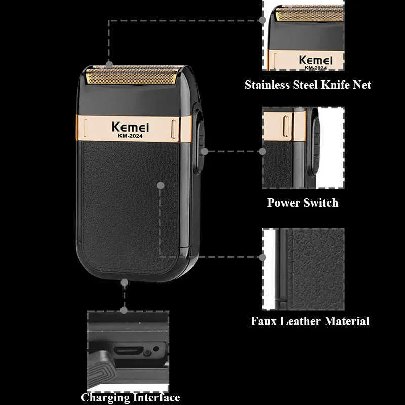 Kemei elektrisk rakapparat för män Twin Blade Vattentät Reprocession Trådlös Razor USB Uppladdningsbar Rakningsmaskin Barber Trimmer P0822
