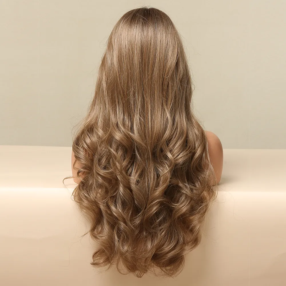 Peluca delantera de encaje ondulada marrón larga para las mujeres Pelucas de pelo frontal de encaje natural de encaje de cabello de alta densidad de alta densidad resistente al calor de cosplay directo