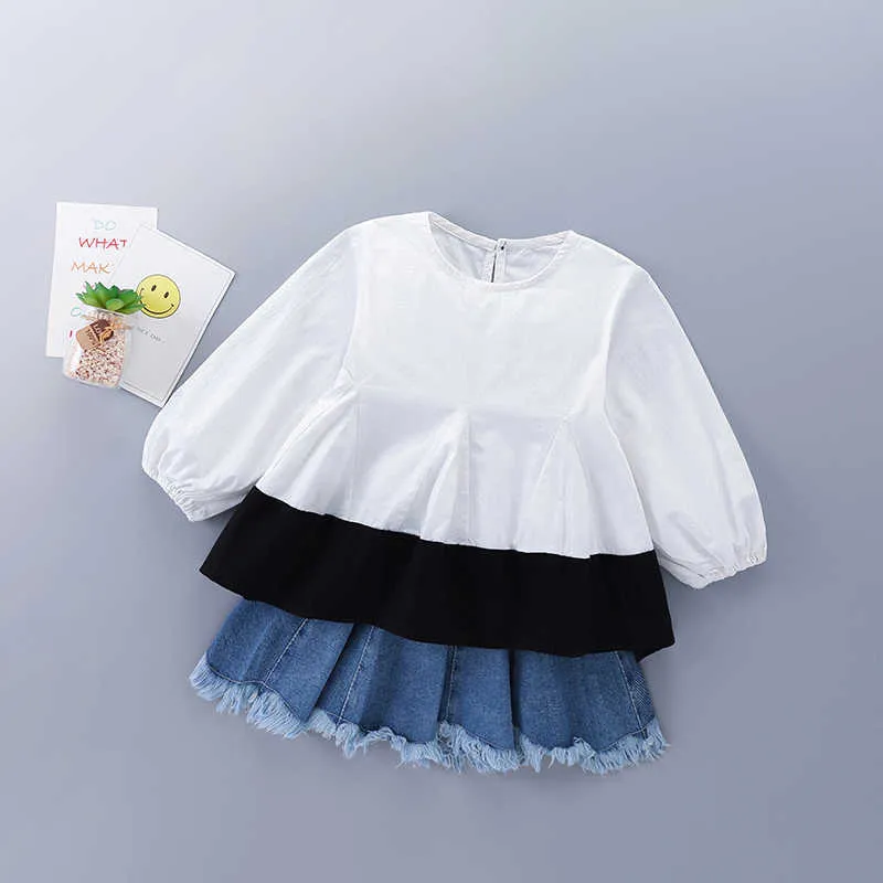 2-7 lat wysokiej jakości dziewczyna odzież zestaw jesień moda patchwork koszulka + spódnica denim dzieci dzieci dzieci 210615