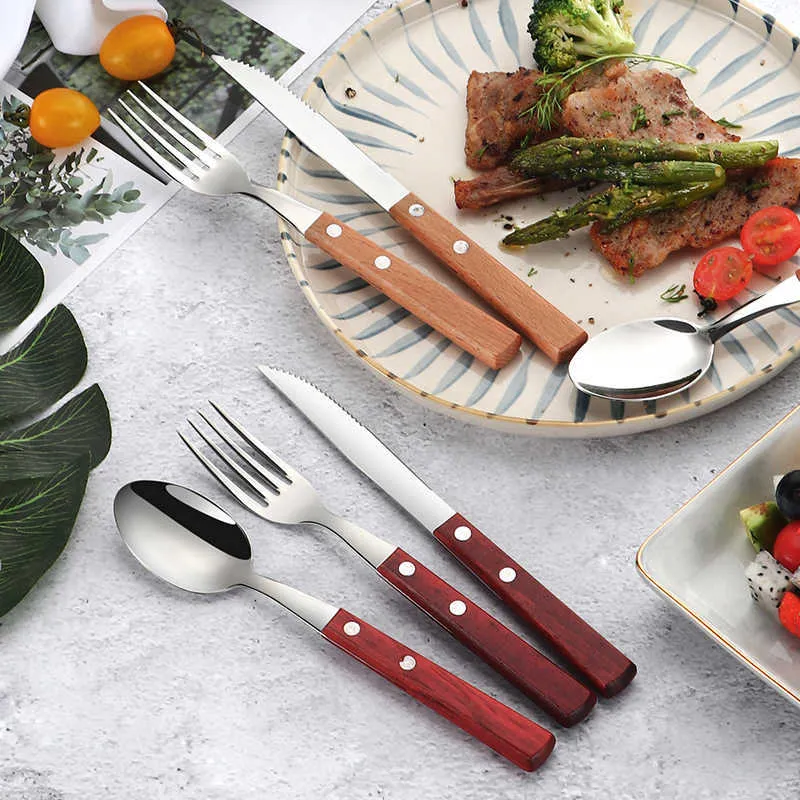 Bordwellware Silverware Porslin Gaffelsked Kniv Ställ Bestick Kök Torger av rostfritt stål med trähållare 210928