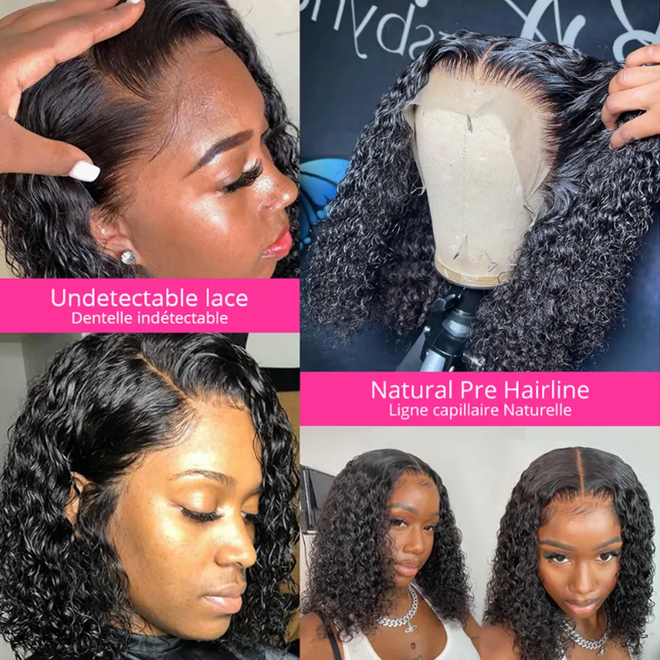 Lace Front Wig Kinky Curly Brazilian Remy Mänskligt hår för svarta kvinnor Korta Bob Parykar