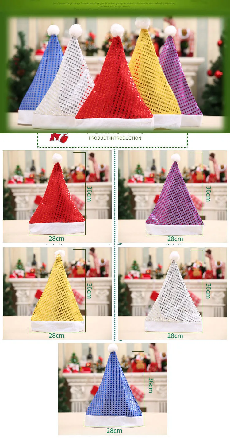 12 stks / partij Glitter Hoed Kleurrijke Santa Mannen Dames Cap Kerstfeestartikelen Jaardecoratie voor Thuis
