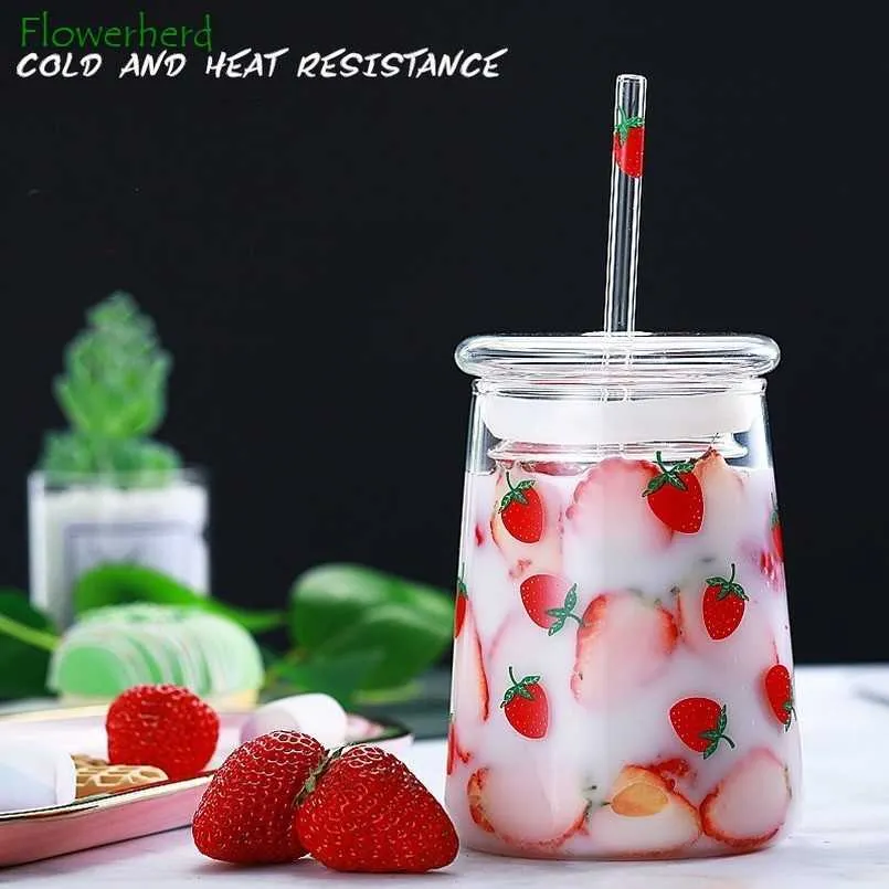 Miljövänlig vattenflaska med halmporslin Glas Jordgubbar Stor kapacitet Värmebeständig kopp med lock Glassbottle Drinkware 210610