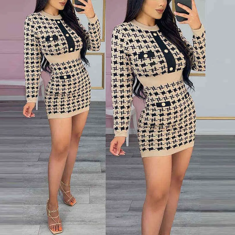 Sexy Bodycon Houngstooth короткое мини-платье Элегантные O шеи Высокая талия с длинным рукавом платье Женщины Мода Кнопка Партия Платья партии Y1204