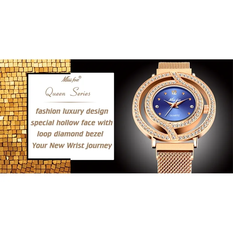 Simpatici orologi MISSFOX in oro rosa con cinturino magnetico in maglia d'acciaio impermeabile con diamanti scheletrati blu orologio al quarzo da donna alla moda casual