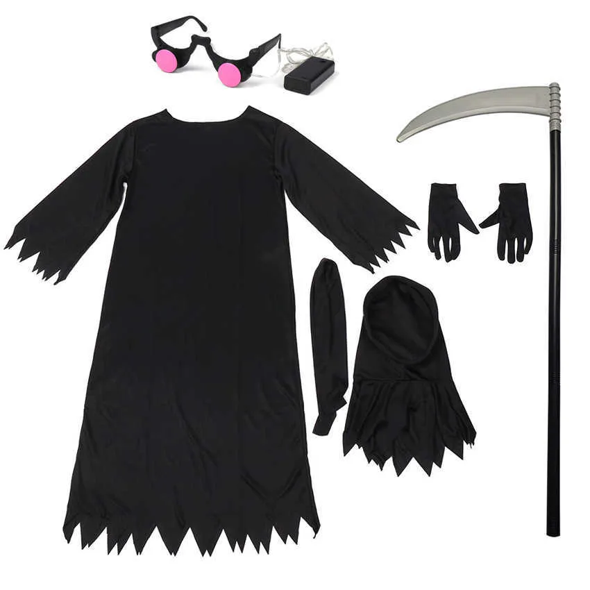 Terror Grim Reaper Kostüme Leuchtende Augen Tod Haken Sichel Jungen Cosplay Anime Kinder Halloween Kostüm für Kinder Karneval Prop Q0910