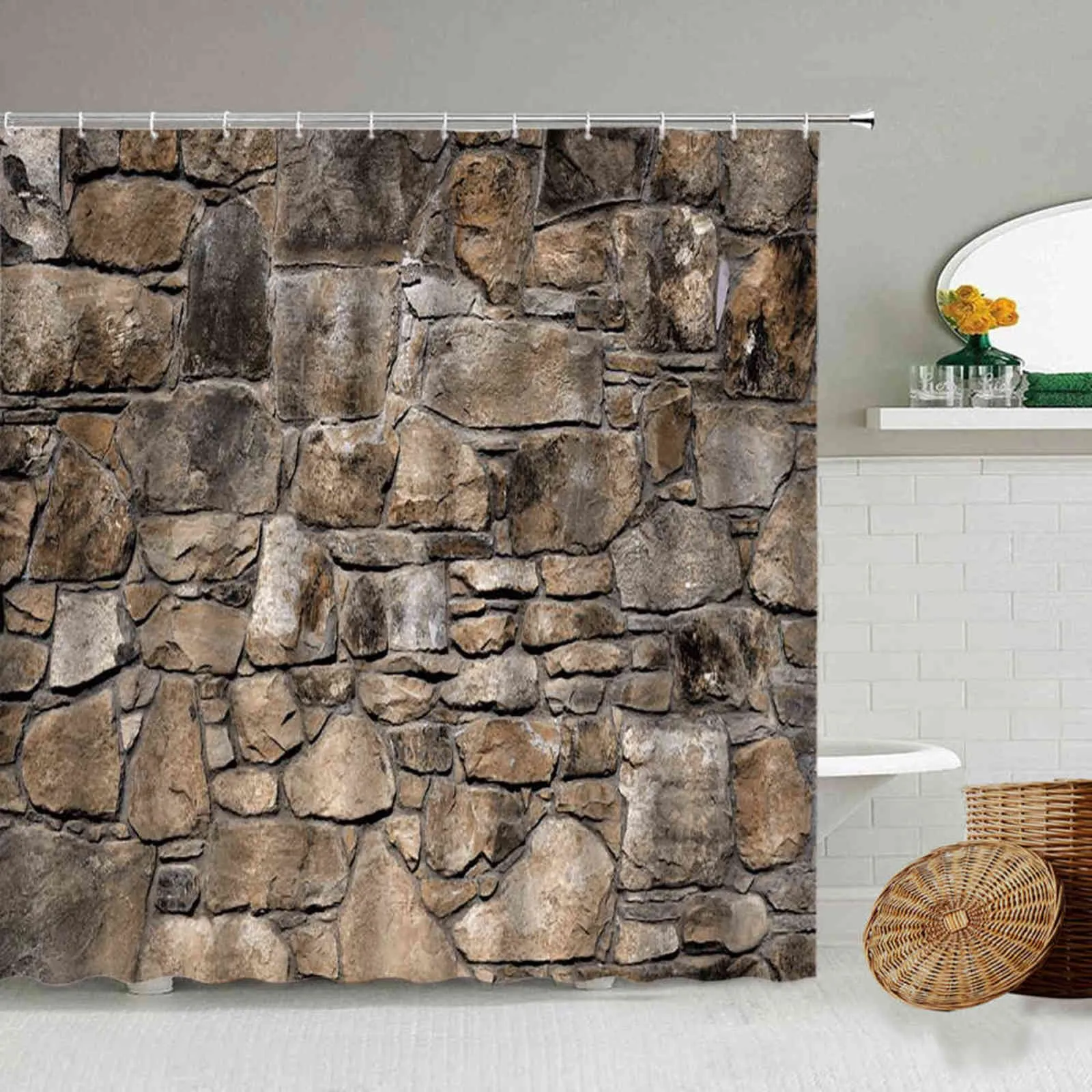 American Country Old Brick Stone Wall Shower Curtain Retro Architecture Theme Bathroom Blackout Waterproof Polyester Curtains 211116
