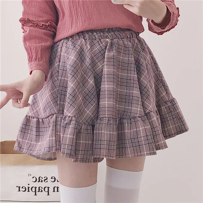 Minifalda con volantes a cuadros para primavera, minifalda holgada japonesa gris y rosa a la moda para chicas Aline, falda de estilo universitario Lolita Jk para mujer 210306